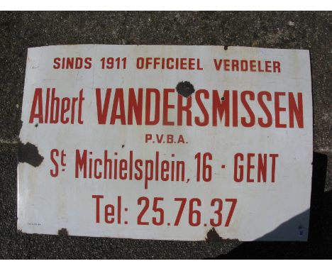 European enamel sign, red letters on a white ground, first line reads Sinds 1911 Officieel Verdeler - 42" x 28"