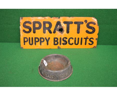 Enamel advertising sign for Spratts Puppy Biscuits, black letters in an orange ground - 30" x 12" (1.5" dia rust hole to the 