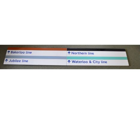 Enamel London Underground ex Waterloo direction signs to other tube lines to comprise Northern Line, Waterloo & City Line, Ba