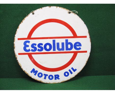 Circular double sided enamel advertising sign for Essolube Motor Oil in blue letters on a red and white ground - 26" in dia (
