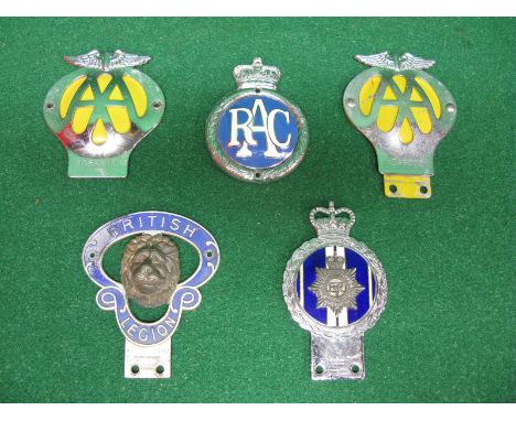 Five car badges to include: two AA, an enamel RAC, British Legion and a JR Gaunt chrome and enamel badge for the Royal Army O