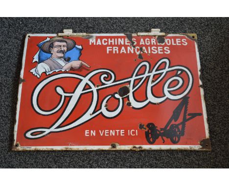 Enamel advertising sign for Dolle, Machines Agricoles Francaises,En Vente Ici, white letters on a red ground with illustratio