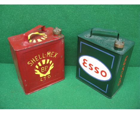 Two, two gallon fuel cans, one for Esso and one for Shellmex BP, both with caps