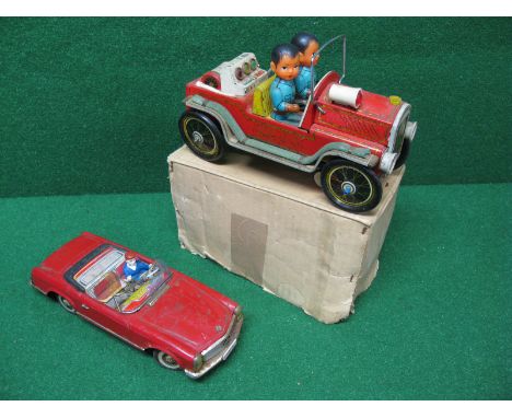 Battery powered tinplate fire engine and convertible Mercedes from China and Japan respectively, both playworn