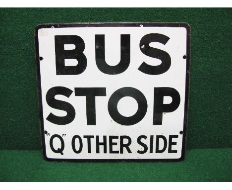 Post war double sided black and white enamel Bus Stop sign, Q Other Side/Q This Side from Hastings area of Maidstone & Distri