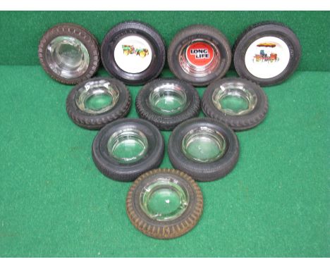 Collection of rubber tyre and glass ashtrays marked Dunlop, Firestone, Goodyear, Trisun and Davies Dual Grip