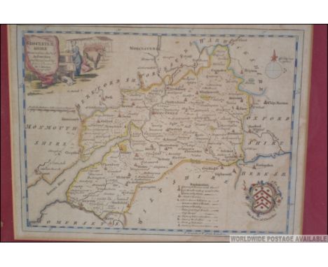 A framed and glazed late 19th century coloured lithograph map of Gloucestershire by Kitchen.  Measures 18cms x 22cms.