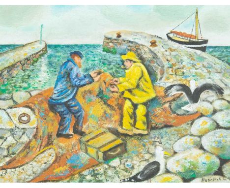 A. HUMMEL (XX, St Ives) Fishermen in the Harbour Oil on board, signed, 23cm x 29.5cm