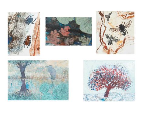 Bernard ROOKE (1938) Heron, Tree  and Three further Works Heron, oil paint and mixed media, artist's resume verso, 25.5cm x 3
