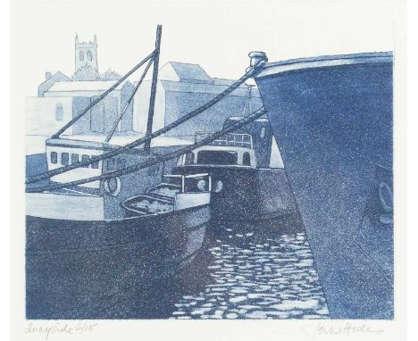 June HICKS (1935) Quayside Etching, edition 6/25, signed, plate size 20cm x 25cm, 44cm x 46cm framed.