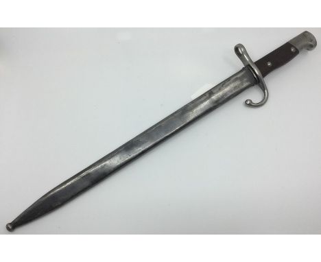 Argentine M1909 Mauser Bayonet. 395mm long single edged fullered blade, maker marked. Tip of blade missing. Overall length 51