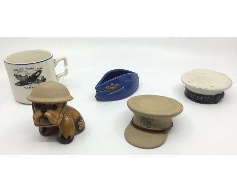 WW2 British ceramic collection of five items to include: ceramic Royal Air Force Field Service cap, marked to underside "Regd