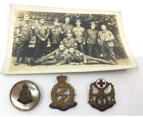 WW1 British Royal Army Medical Corps Sweetheart Brooches x 3 (One in Sterling Silver mount) and a WW1 Postcard photo of RAMC 