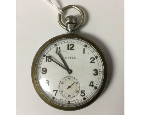 WW2 British General Service Trade pattern pocket watch by CYMA. White dial with Arabic numeral and separate seconds dial. Mar