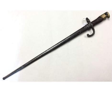 French Gras Bayonet with 52cm long single edged blade, maker marked and dated 1880. One wooden grip broken. Overall length 66