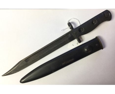British SLR L1A3 Bayonet with single edged fullered blade 205mm in length. Numbered 96002. Maker marked and dated D 71. Overa
