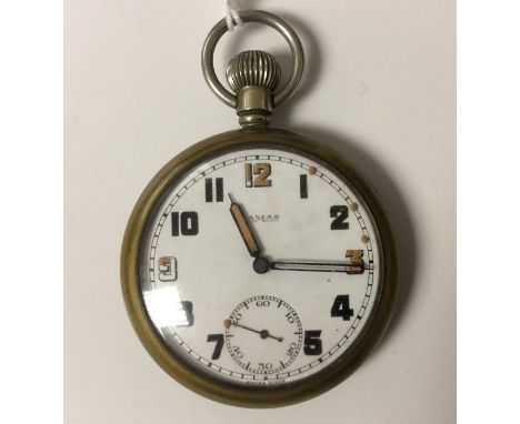 WW2 British General Service Trade Pattern pocket watch by Damas. White dial with Arabic numerals with separate seconds dial. 