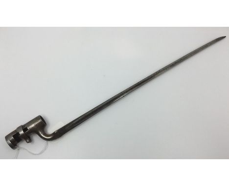 Indian made socket bayonet with 43cm long triangular section blade. Overall length 52cm. Indian markings to socket. No scabba