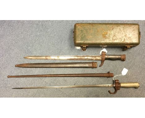 WW1 French Lebel Bayonet with 515mm long blade. White metal grip. Overall length 635mm. Complete with scabbard. Along with an