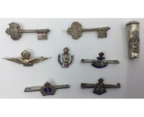 A collection of WW1/WW2 Silver Sweetheart badges to include Royal Navy x 2, RAC (pin missing) RAMC, RAF, WW1 French souvenir 