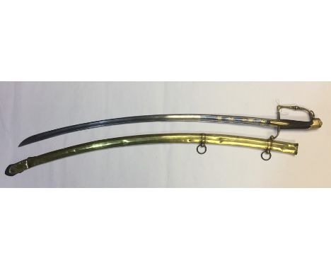 French Napoleonic era Officers Sword. Curved fullered single edged blade with etched decoration in blue and gilt, 79cm in len