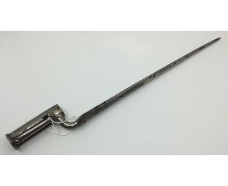 British India Pattern Catch Socket Bayonet with 37cm triangular section blade. Marked "Crown 4". Overall length 49cm. No scab