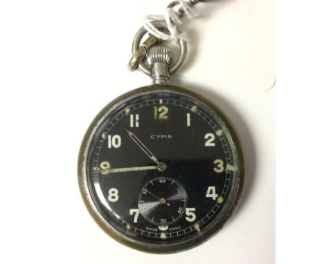 WW2 British General Service Trade Pattern pocket watch by "CYMA". Black dial with Arabic numeral and separate seconds dial. M