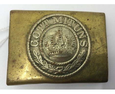 WW1 Imperial German Army Belt Buckle. Brass with silvered centre bearing Imperial crown and Gott Mit Uns Motto. No maker mark