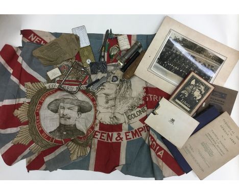 Boer War Patriotic Flags, screenprinted,"For Queen &amp; Empire" size 70cm x 53cm, "Col Baden Powell" size 63cm x 52cm, Manua