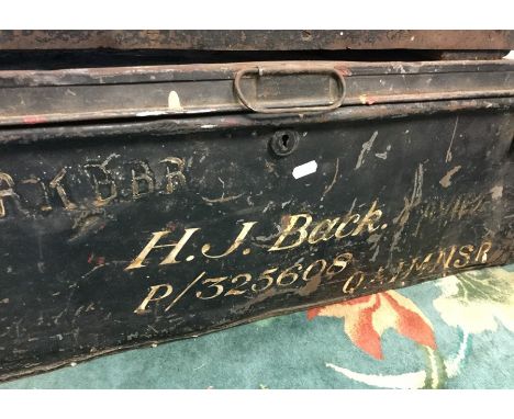 WW2 / Early Post war British Army Officers wooden trunk named to Captain MDI Davies, Royal Fusiliers with two framed photos f