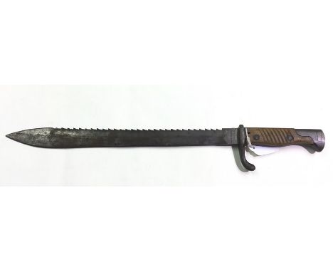 WW1 Imperial German Army Butcher Bayonet. 365mm long single edged saw backed blade. Maker marked Waffenfabrik Mauser AG Obern