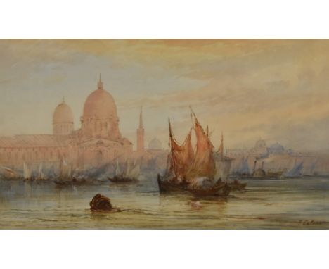 Frank Catano (fl.1880-1920, Italian), watercolour, An Italian coastal landscape at low light with fishing boats to the foregr