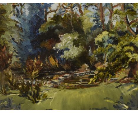 An interesting mid-century oil on board with impasto, depicting stepping stones across a garden pond, indistinctly initialled