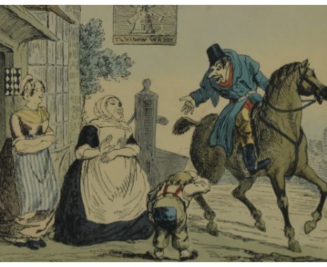 After Isaac Cruikshank (1764-1811, British), coloured prints, Five caricatures titled 'Sound Philosophy', 'The Little Chimney