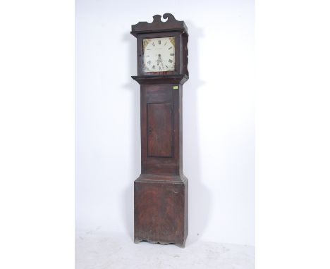 A 19th century oak painted face longcase clock by Major of Cheltenham. The clock with oak hood and trunk complete with a pend