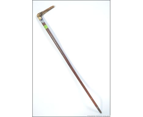 A silver collar mallacca and horn handled walking stick. The mallacca stem with tapering end. Horn handle with silver h / m c