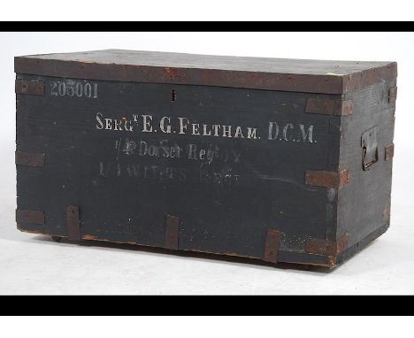 A vintage early 20th century military painted wooden metal bound steamer trunk chest with notation to the front for Sergeant 