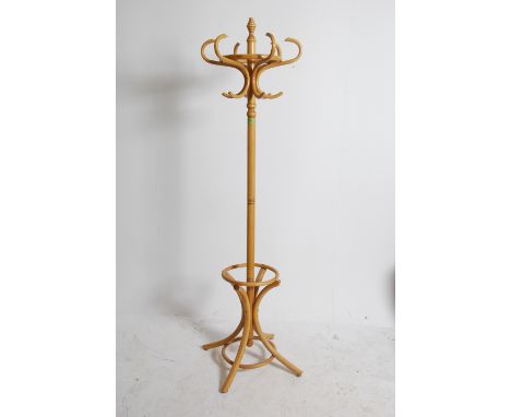 An mid 20th century retro / vintage Thonet style light wood bentwood hat and coat stand, on splayed legs approx H195 W60cm