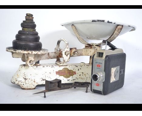 J & J Siddons retro vintage kitchen scales with eights and enamlled weighing bowl along with a Kodak Eight 55 cine camera , a