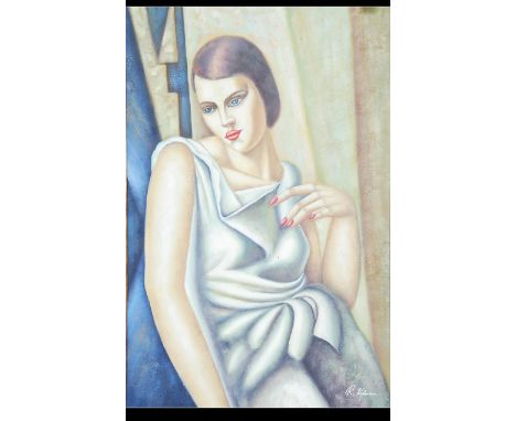 R Kingman. An oil on canvas painting of an American Art Deco lady being framed and signed bottom right R KINGMAN. Measures: 9