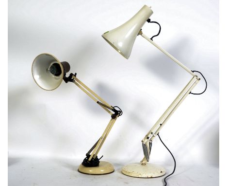 A retro / vintage white coloured Herbert Terry anglepoise desk / work lamp with conical shade and raised on a circular base a