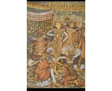 An unusual 20th century Indian print on canvas being set within a decorative wooden frame. Measures: 100cms high x 70cms deep