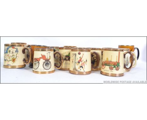 A collection vintage of ceramic pottery drinking tankards, all with images to the front for either shipping, hunting, racing 