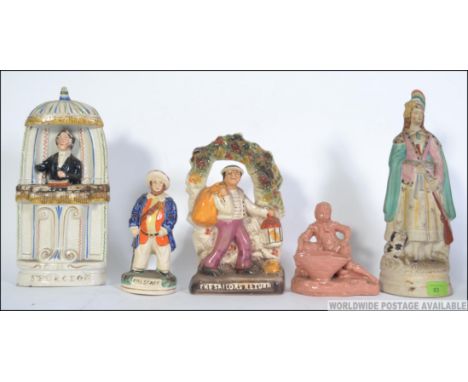 A collection of Staffordshire flatback ceramic figurines to include Spurgeon, The Sailors Return, Queen Victoria and another.