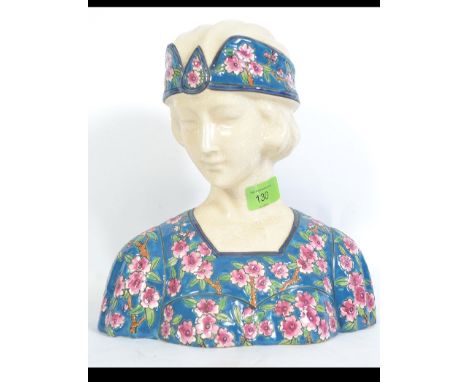 A ceramic bust of an Art Deco style lady in the Longwy style, marked to the base. Measures: 27cms high.