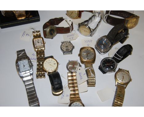 A box of assorted mens wrist watches to include Rotary, Timex, Ingersoll, Jagot.