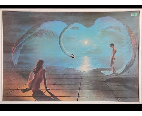 Pearson - a 1970's retro print of naked figures and swan being framed and signed to the corner. Measures: 60cms high x 91cms 