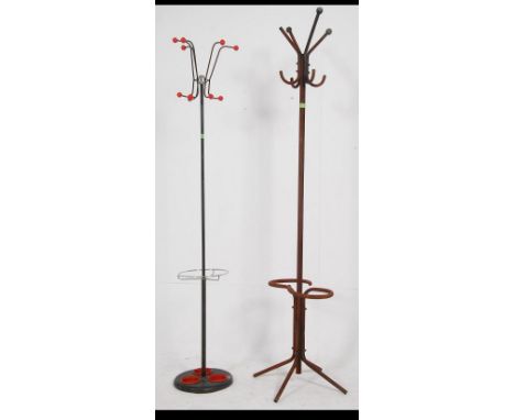 A retro mid century atomic hat / coat stand with chrome hooks together with a metal industrial coat stand. Measures 188cms hi