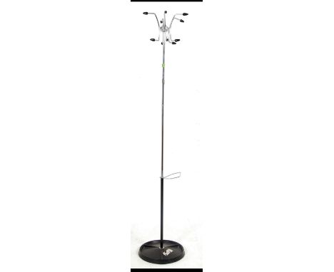 A mid century chrome sputnik / atomic coat / hat stand having terraced base with hooks atop, raised on terraced bases. Measur