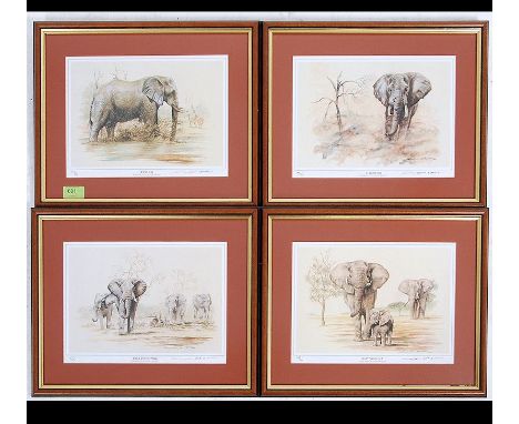 A group of four framed and glazed limited edition signed prints by South African artist Donald Barnett of Elephants. Each wit